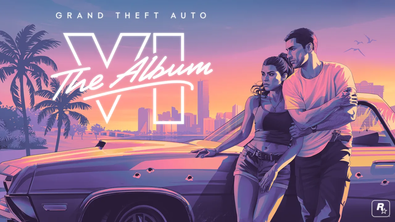 Grand Theft Auto VI: The Album cover art with Jason and Lucia leaning on a bullet-riddled car at sunset