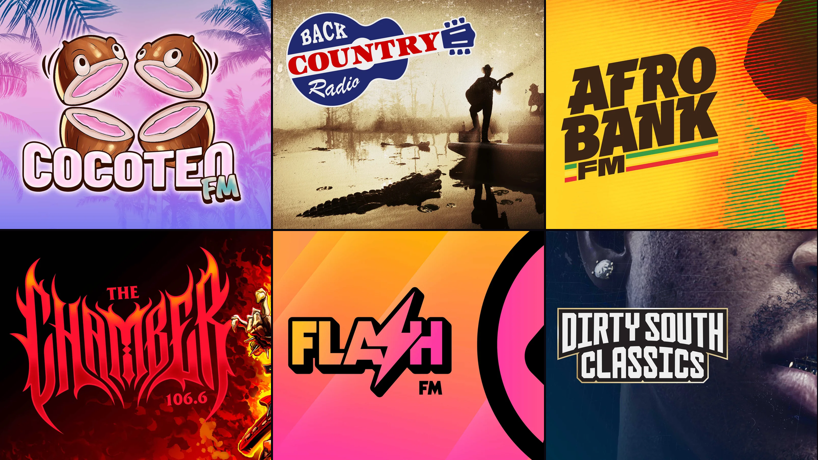 Logos of the six GTA 6 radio stations Rockstar revealed: Cocoteo FM, Back Country Radio, AfroBank FM, The Chamber 106.6, Flash FM and Dirty South Classics