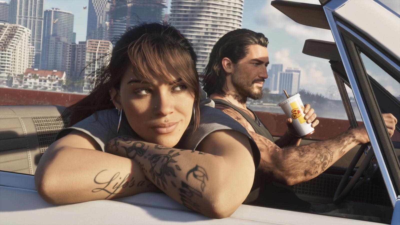 Lucia resting on the door of a convertible while Jason drives across a Vice City causeway in GTA 6, official screenshot