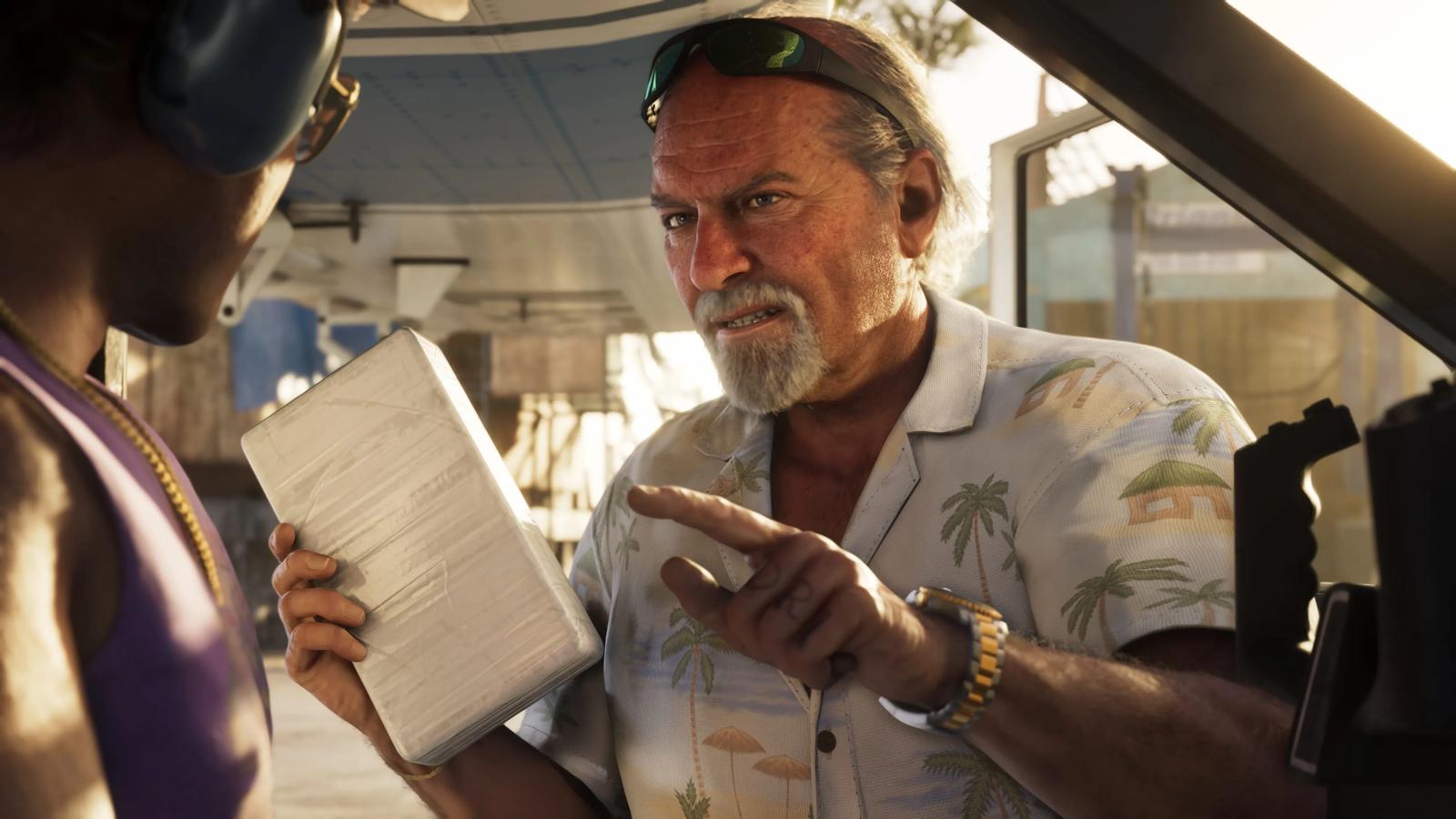 Brian Heder in a palm-print shirt holding a wrapped package in GTA 6, official screenshot