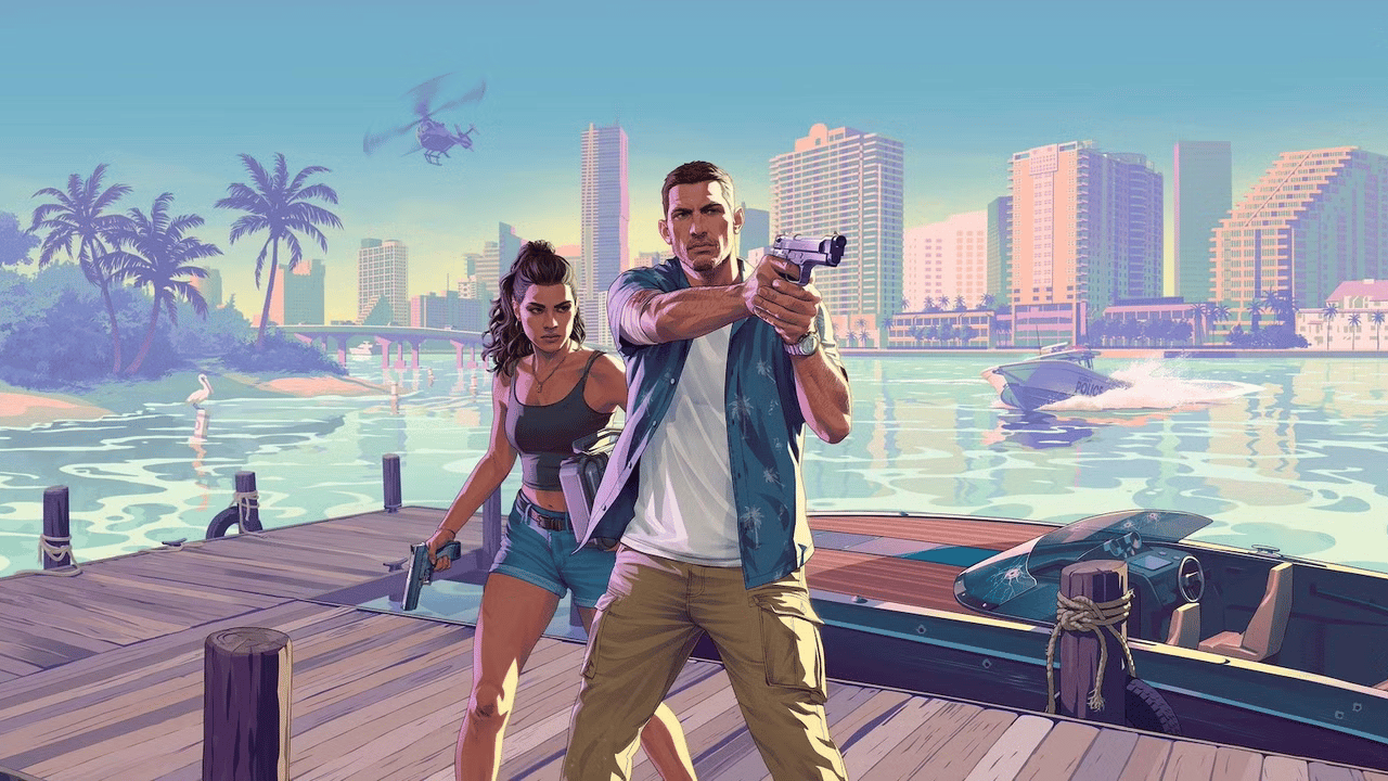 Lucia Caminos and Jason Duval on a Vice City pier, Grand Theft Auto VI key art