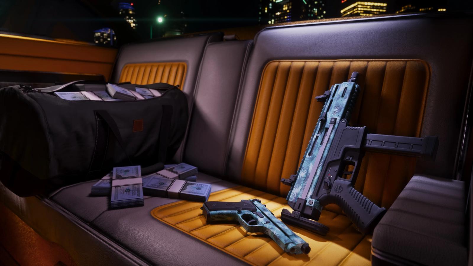 A duffel bag of cash and stacked bills on a car seat in GTA 6