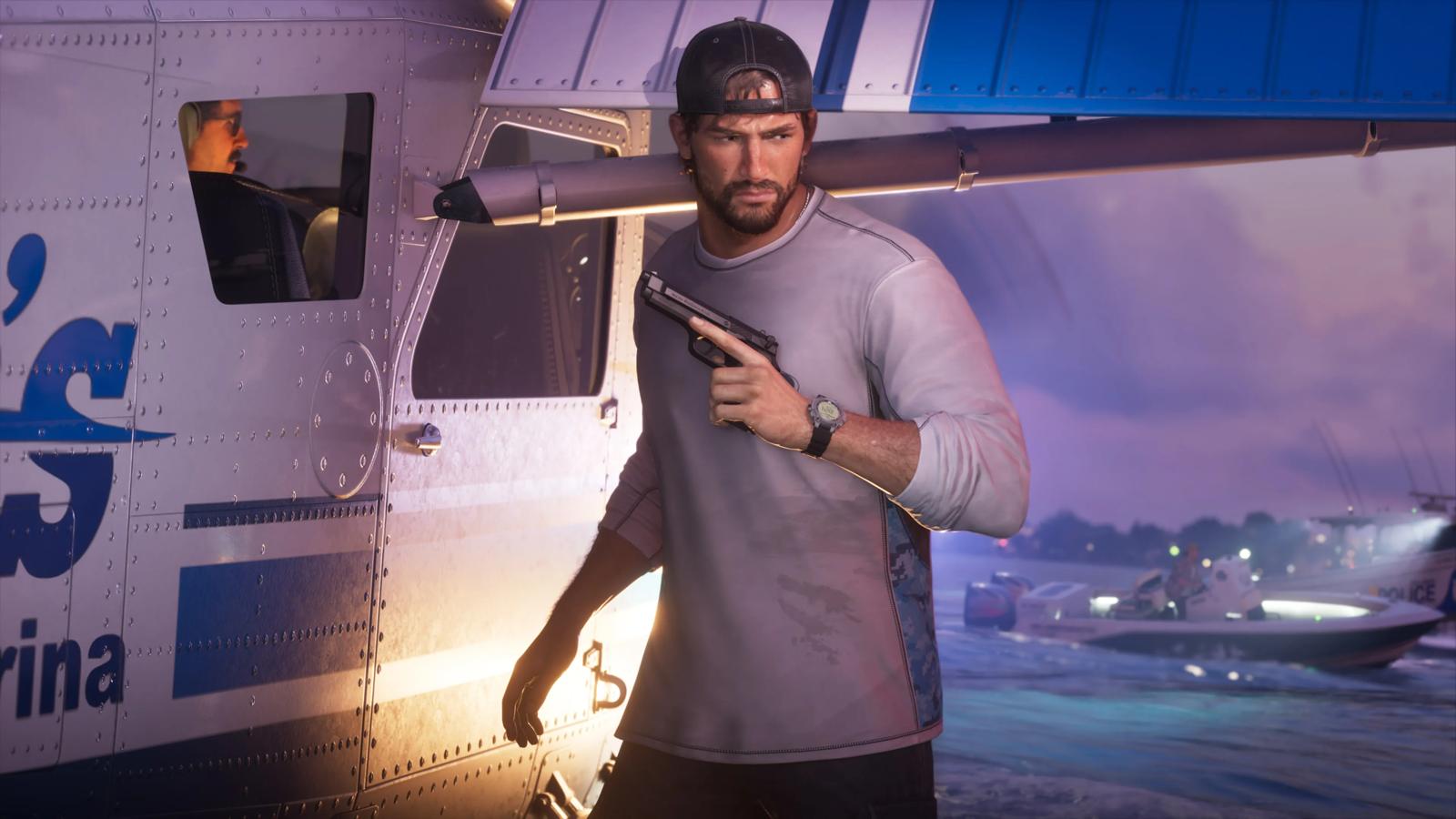 Jason Duval with a pistol beside a seaplane at a Vice City marina at dusk in GTA 6, official screenshot