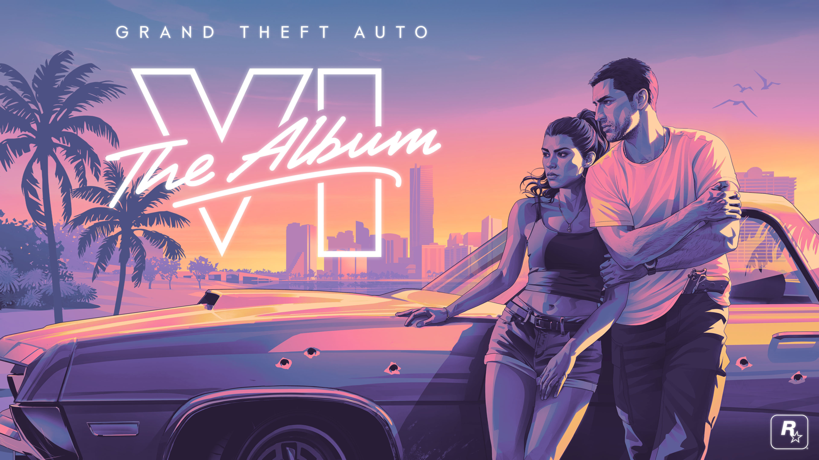 Grand Theft Auto VI: The Album key art with Jason and Lucia leaning on a bullet-riddled car in front of the Vice City skyline at sunset