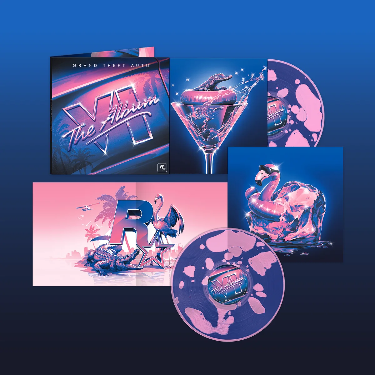The limited-edition Grand Theft Auto VI: The Album vinyl with a gatefold sleeve, alligator and flamingo artwork, and two transparent magenta discs filled with blue liquid