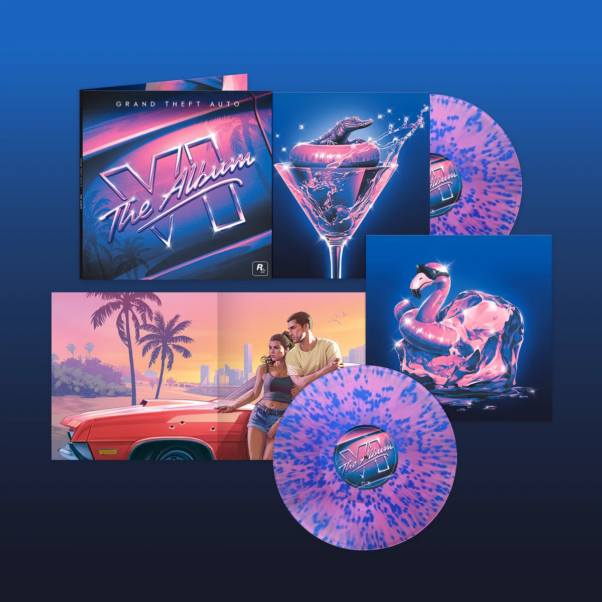 The standard Grand Theft Auto VI: The Album double vinyl with transparent magenta discs and blue splatter