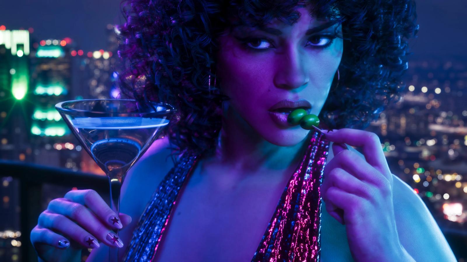 A glamorous character with a martini on a rooftop overlooking the Vice City skyline in GTA 6