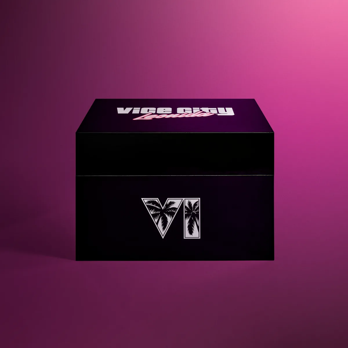 The closed black GTA 6 Vice City Collection box with a Vice City Leonida lid and the VI logo on the front