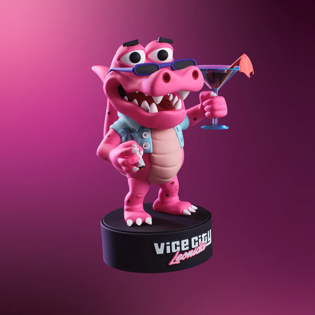 A pink Macca the Gator figure in sunglasses and a Hawaiian shirt holding a martini