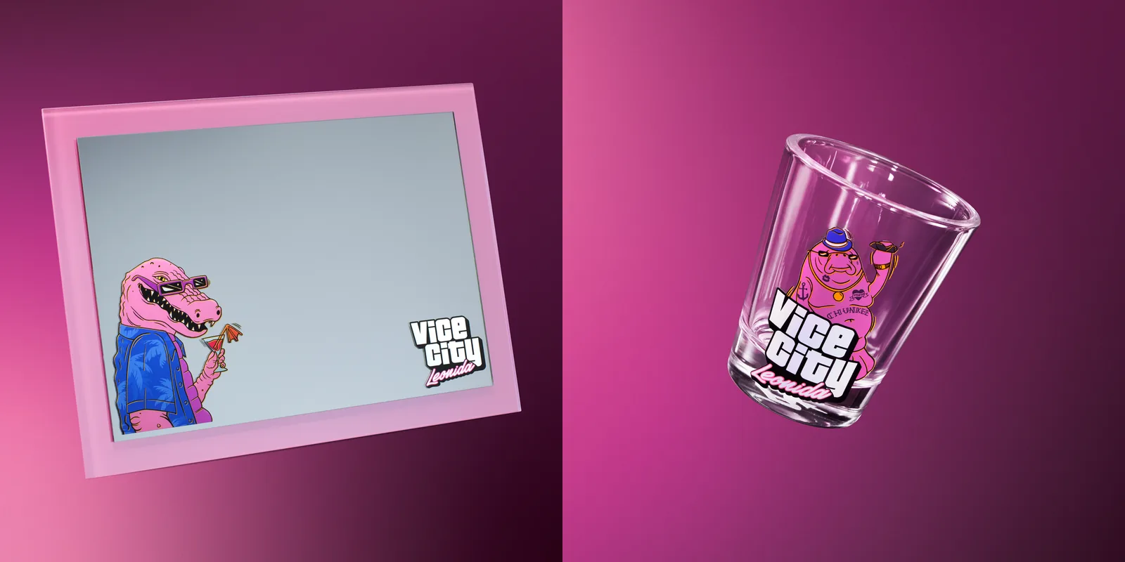 Left, a pink framed mirror with Macca the Gator; right, a shot glass with Chunkee the Manatee in a fedora