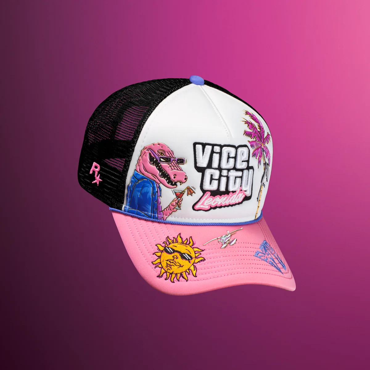 A New Era 9FORTY trucker snapback with a white front, black mesh back, pink peak and Macca the Gator and Vice City patches