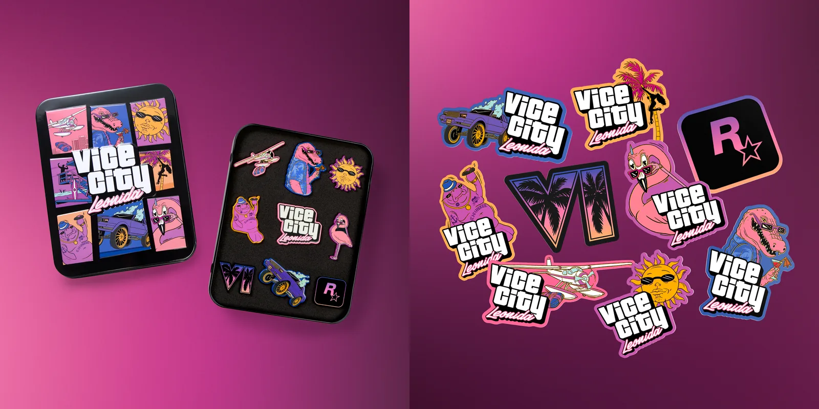 Left, a tin of nine GTA 6 enamel pins with Vice City artwork on the lid; right, a spread of Vice City, Macca, flamingo and VI logo vinyl stickers
