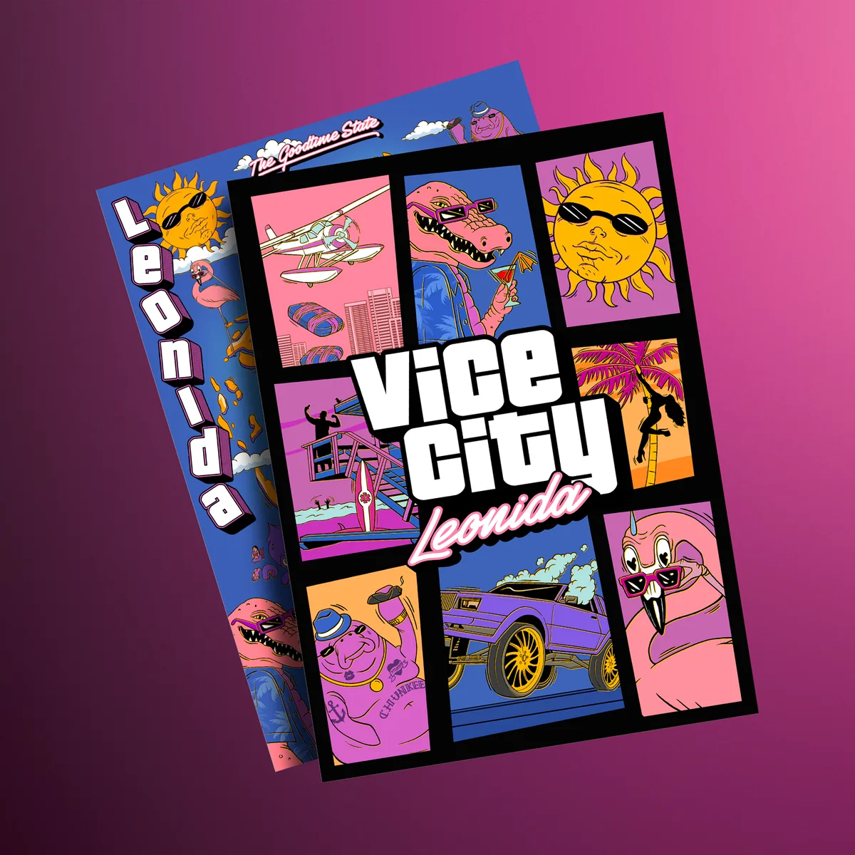 The GTA 6 souvenir poster with Vice City comic panels of Macca, a seaplane dropping bales, a sun in sunglasses, a lifeguard tower, a lowrider, Chunkee and a flamingo