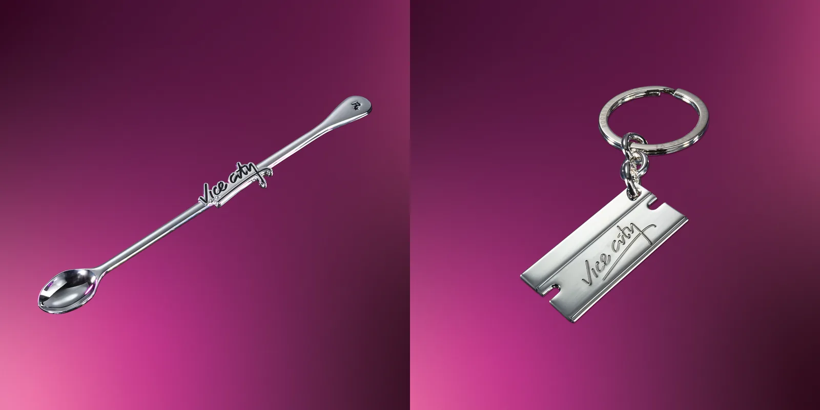 Left, a silver swizzle spoon with a Vice City logo; right, a silver razor-blade-shaped keychain engraved Vice City
