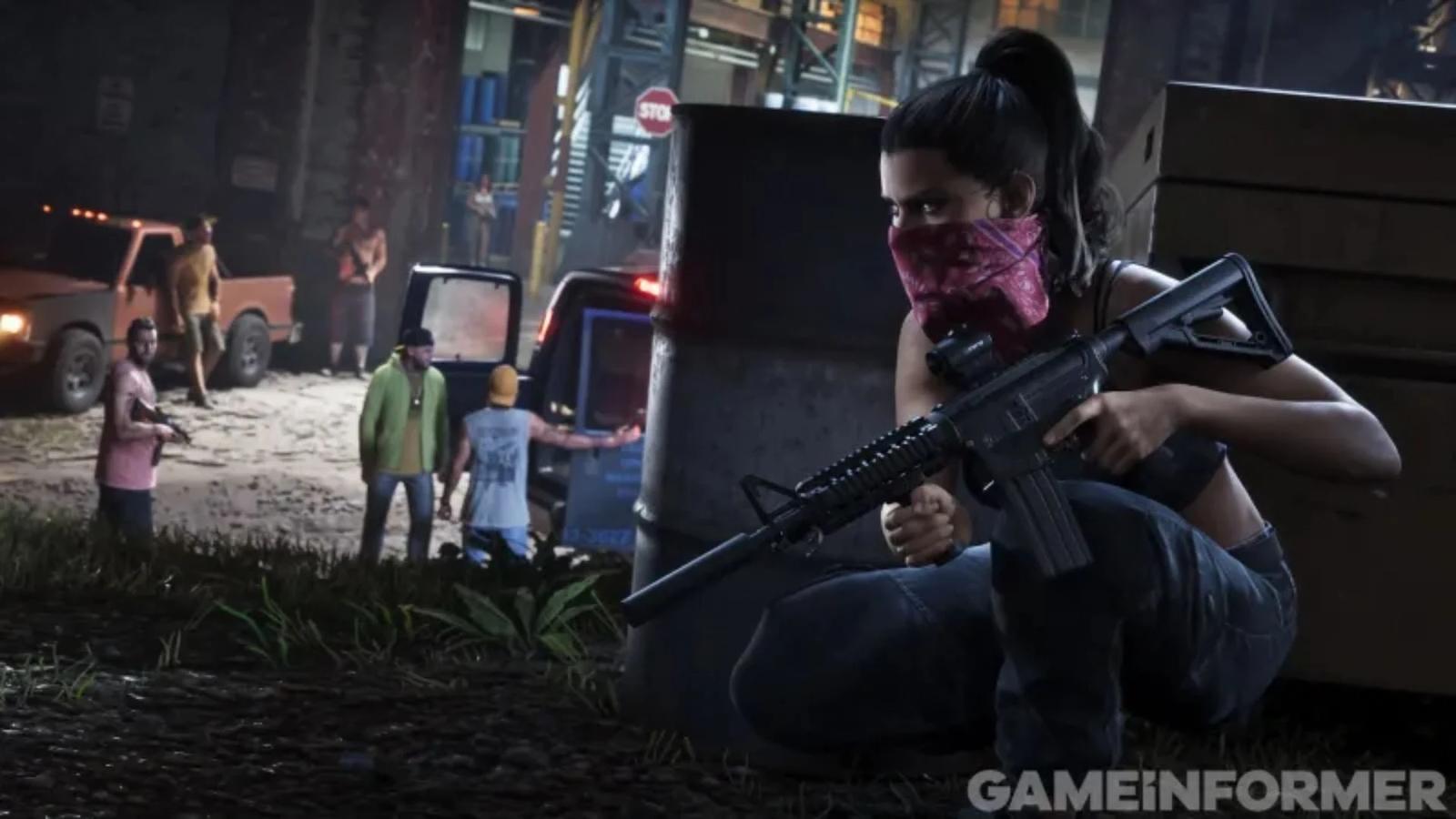 Lucia, masked with a bandana, crouches behind a barrel with an assault rifle in GTA 6, official screenshot from Game Informer's cover story