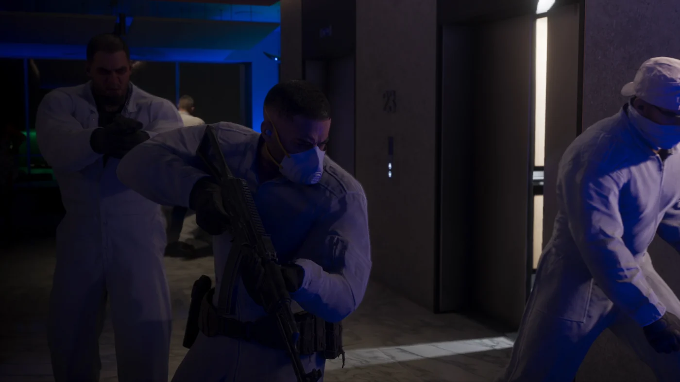 A shootout in a blue-lit interior where a man in white coveralls carries a slung assault rifle with an optic while another figure aims a pistol