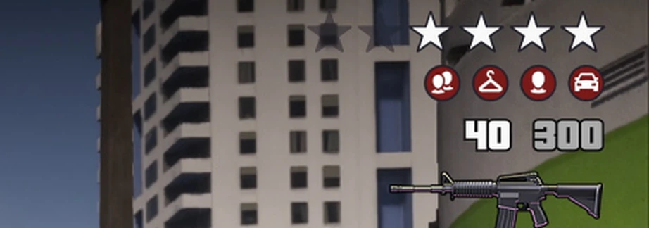 GTA 6 HUD corner showing an AR-pattern carbine icon with ammo counter reading 40 and 300, above four lit wanted stars