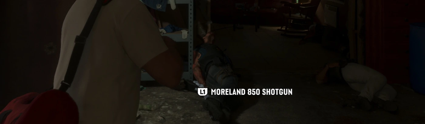 A GTA 6 weapon pickup prompt reading L1 MORELAND 850 SHOTGUN over a dark interior with a body on the floor