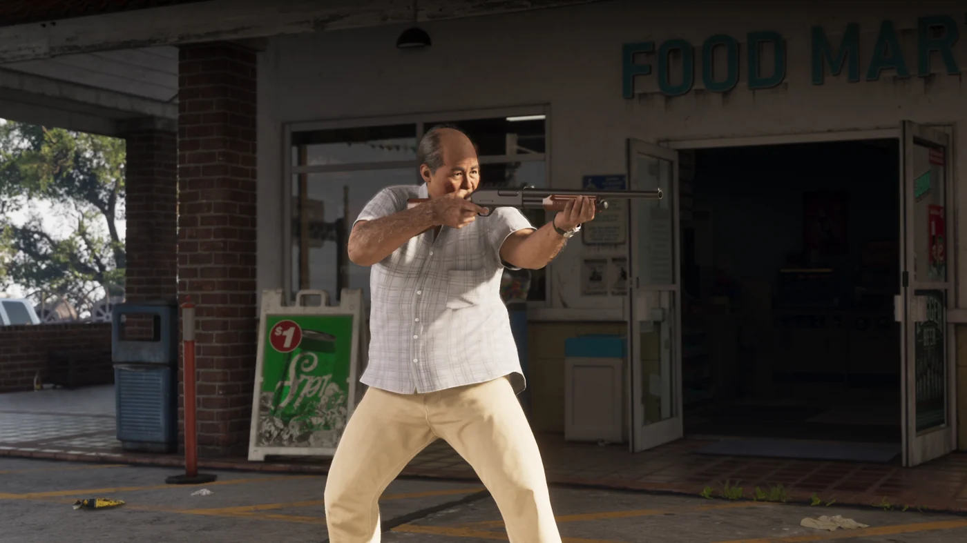A shopkeeper outside a Food Mart firing a pump-action shotgun toward the camera
