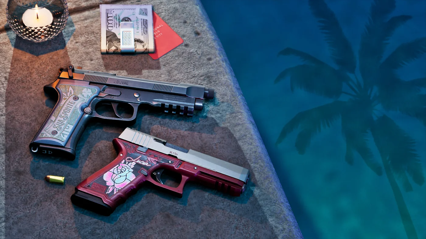 Two semi-automatic pistols on a concrete ledge, one dark with engraving and one crimson with gold engraving, beside a palm tree shadow