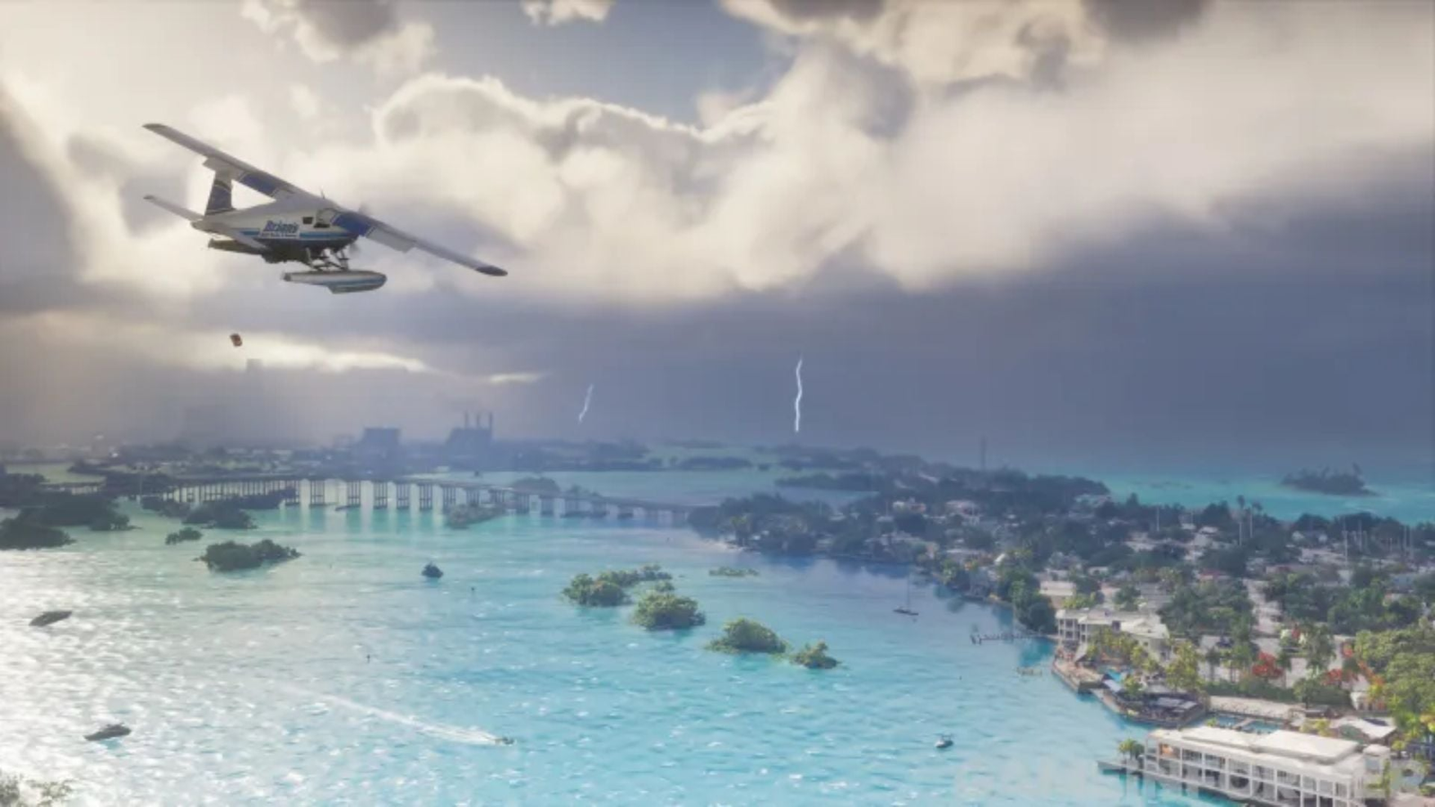 A seaplane flies over the Leonida Keys as a storm front with lightning builds on the horizon, from the new GTA 6 screenshots