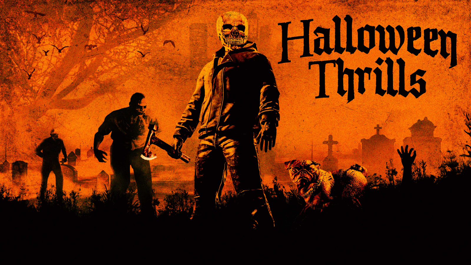 Masked Slasher holding a hatchet in a foggy graveyard under the words Halloween Thrills, official Rockstar Games artwork for GTA Online's October 2026 Halloween event