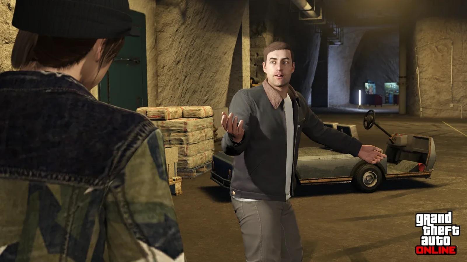 Stacks of cash on a pallet inside an underground bunker in GTA Online
