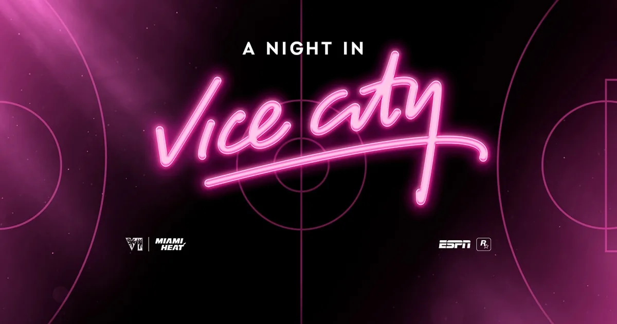 A Night in Vice City key art: pink neon 'Vice City' script over a basketball court, with the GTA VI, Miami Heat, ESPN and Rockstar Games logos