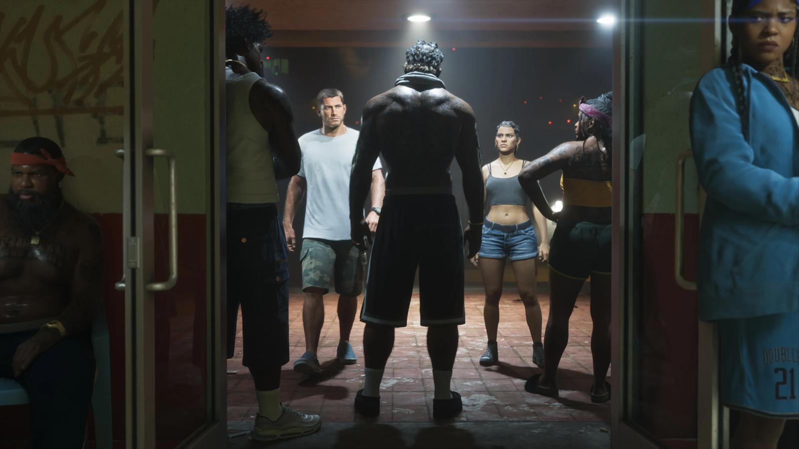 Jason and Lucia meeting a group of characters in a dimly lit room in GTA 6, official screenshot