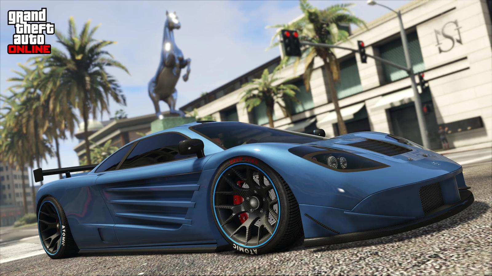 A blue supercar parked on a palm-lined Rockford Hills street in GTA Online, official screenshot
