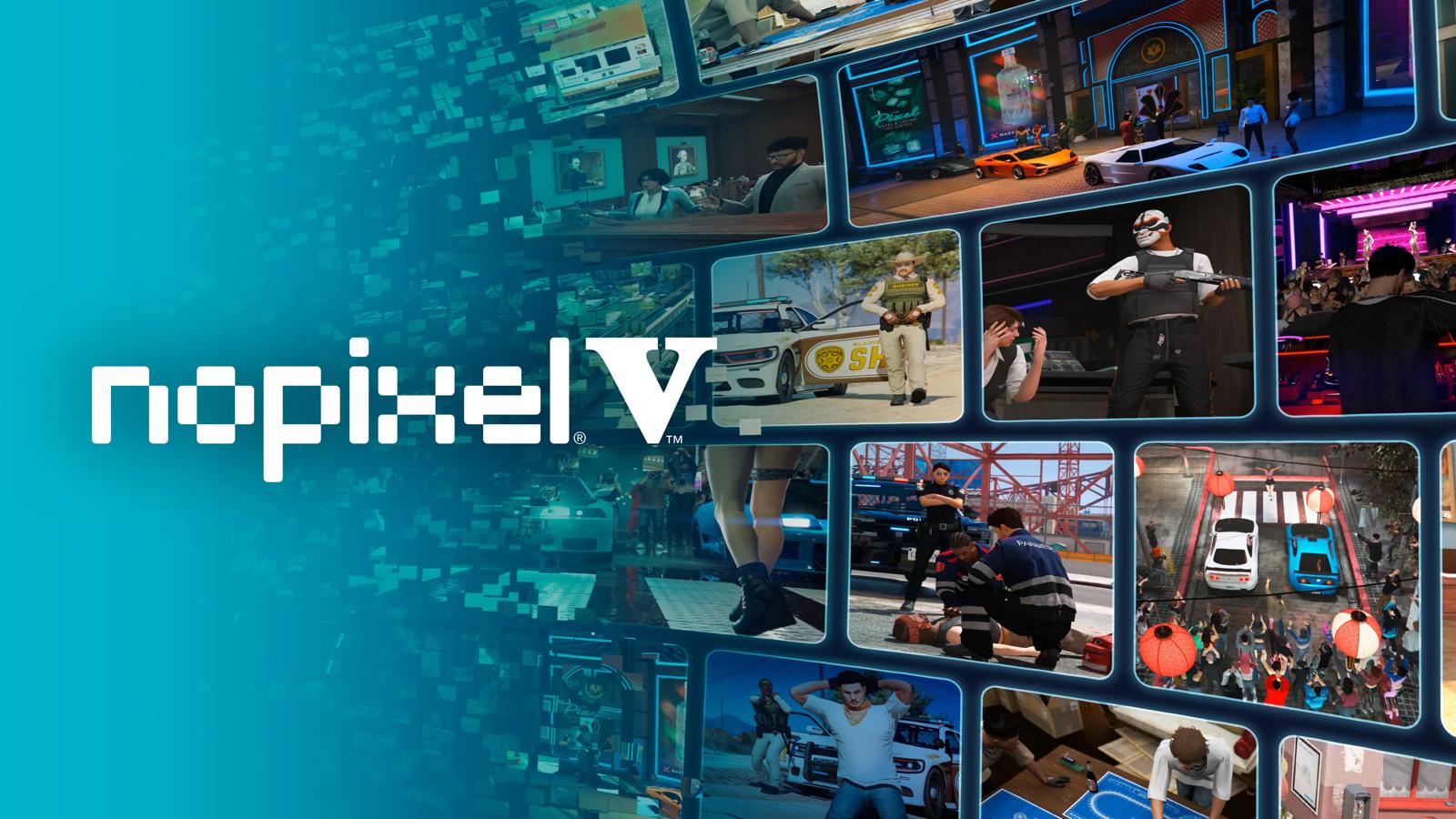 Official nopixel V key art showing a mosaic of Los Santos roleplay scenes