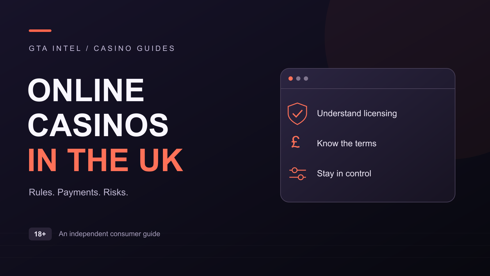 Editorial illustration of an online casino guide, with symbols for licensing, payments and player controls