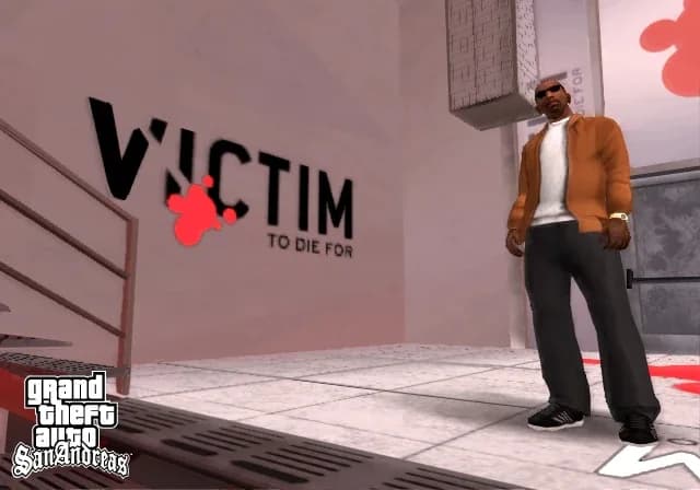 CJ holding an AK-47 outside the Johnson house in GTA San Andreas