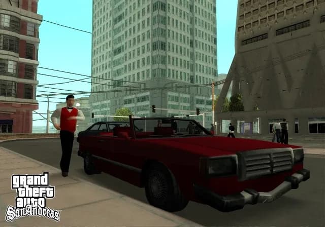 GTA San Andreas screenshot of CJ and supporting characters in Los Santos