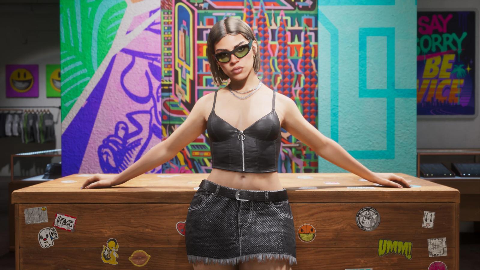 A stylish character posing at a colorful Vice City streetwear shop in GTA 6