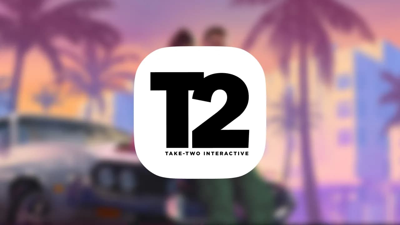 Take-Two Interactive (T2) logo over blurred GTA VI Vice City artwork