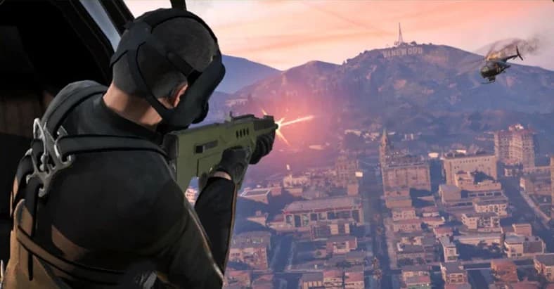 Michael firing an assault rifle from the helicopter over Vinewood during the Three's Company escape in GTA 5