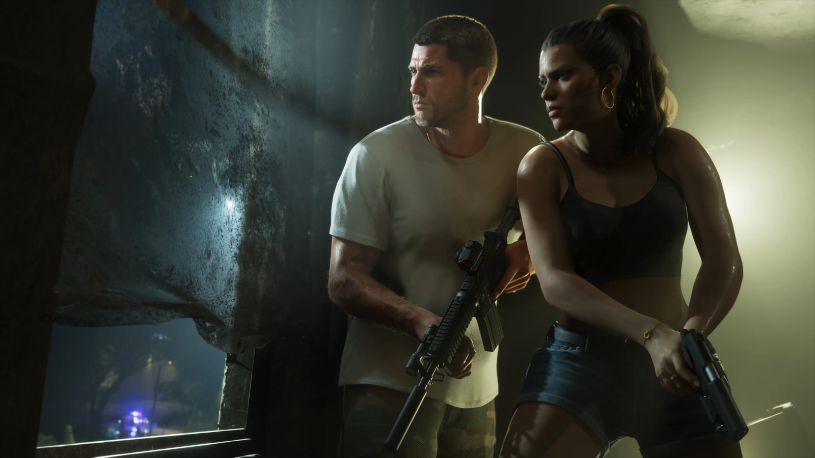 Jason and Lucia holed up with weapons drawn as police lights flash outside in GTA 6, official screenshot