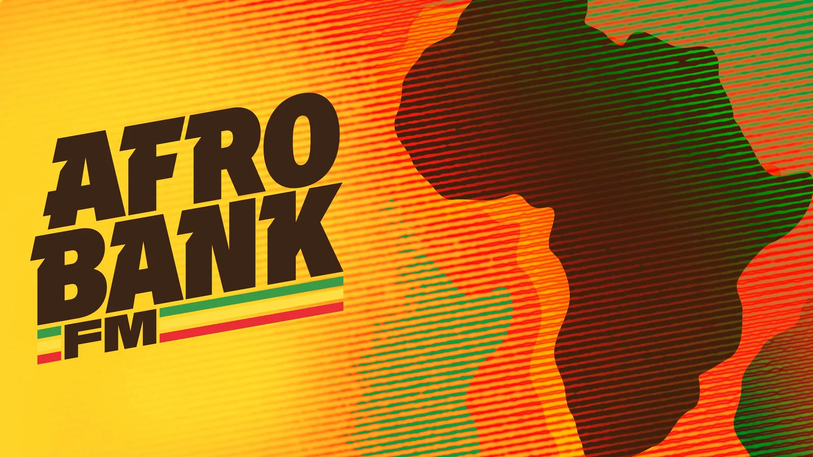 AfroBank FM logo in bold black letters with a striped red, yellow and green underline, next to a silhouette of Africa on an orange background
