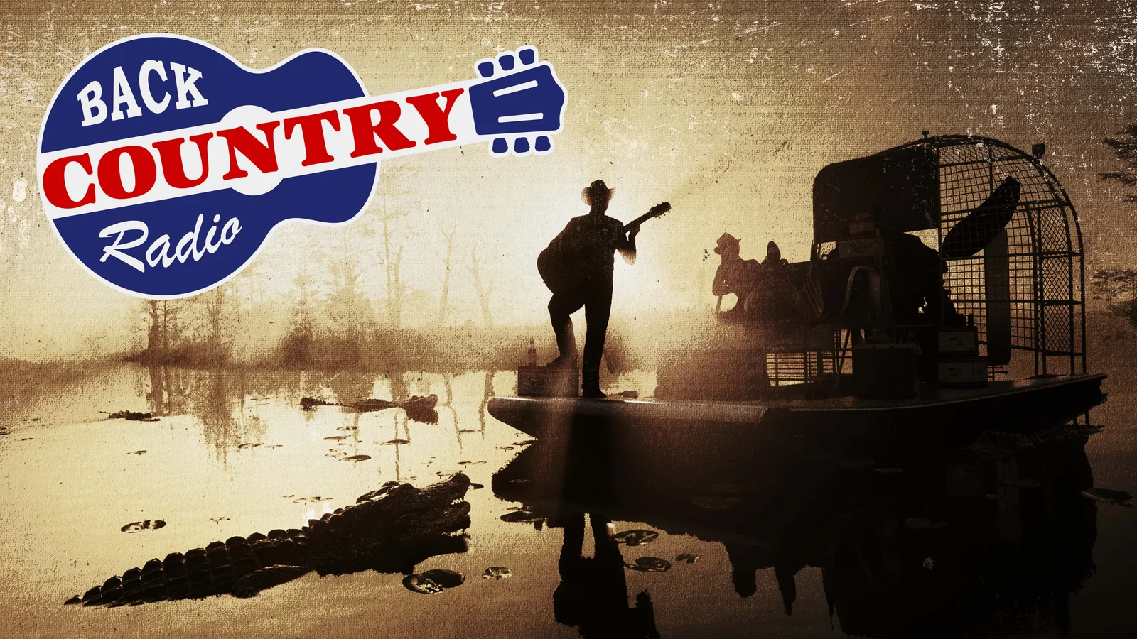Back Country Radio logo, a guitar-shaped badge, over a sepia photo of a guitarist standing on an airboat in a swamp with an alligator below