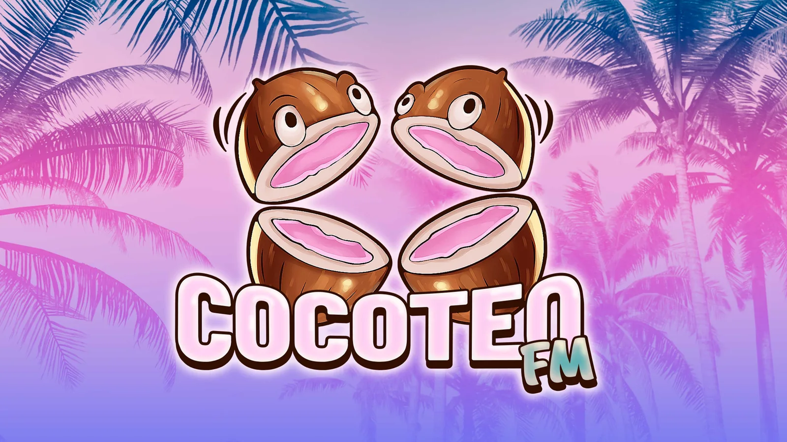 Cocoteo FM logo: two cartoon coconuts with pink lips above the station name, on a pink and purple palm-tree background