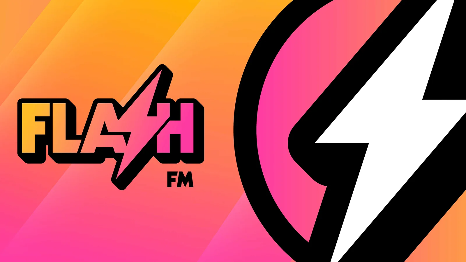 Flash FM logo with a lightning bolt in the A, on an orange and pink gradient next to a large lightning-bolt emblem