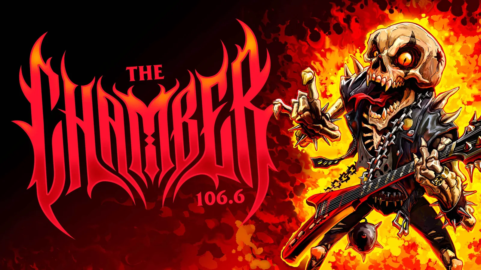 The Chamber 106.6 logo in jagged red metal lettering beside a flaming skeleton playing a guitar