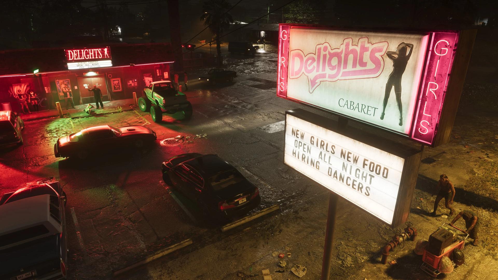 The neon-lit Delights Cabaret strip club at night in Port Gellhorn in GTA 6