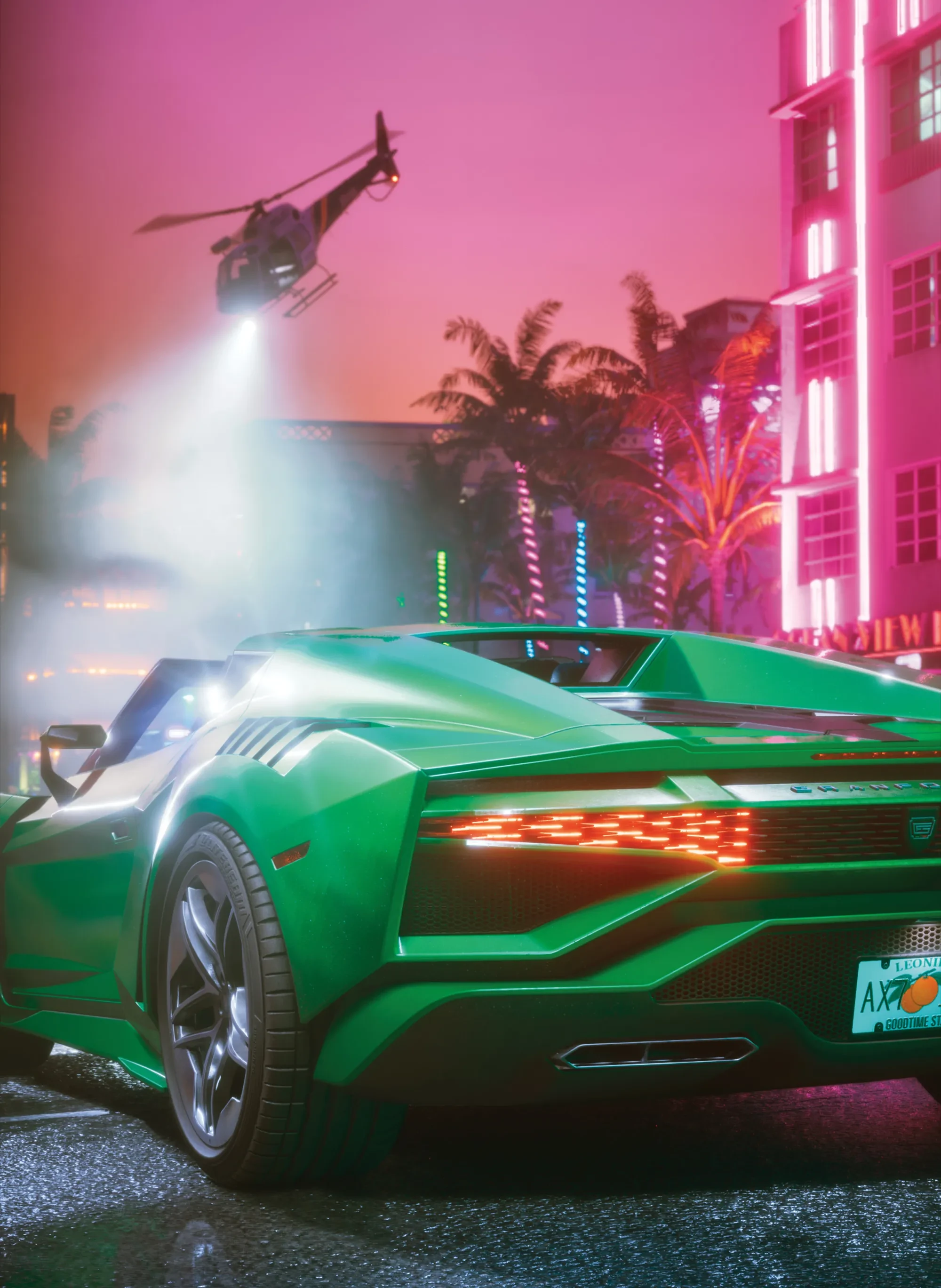 Rockstar's exclusive art for Bloomberg: a green supercar with a Leonida plate parked outside the neon Ocean View Hotel as a helicopter shines a searchlight through a pink sky