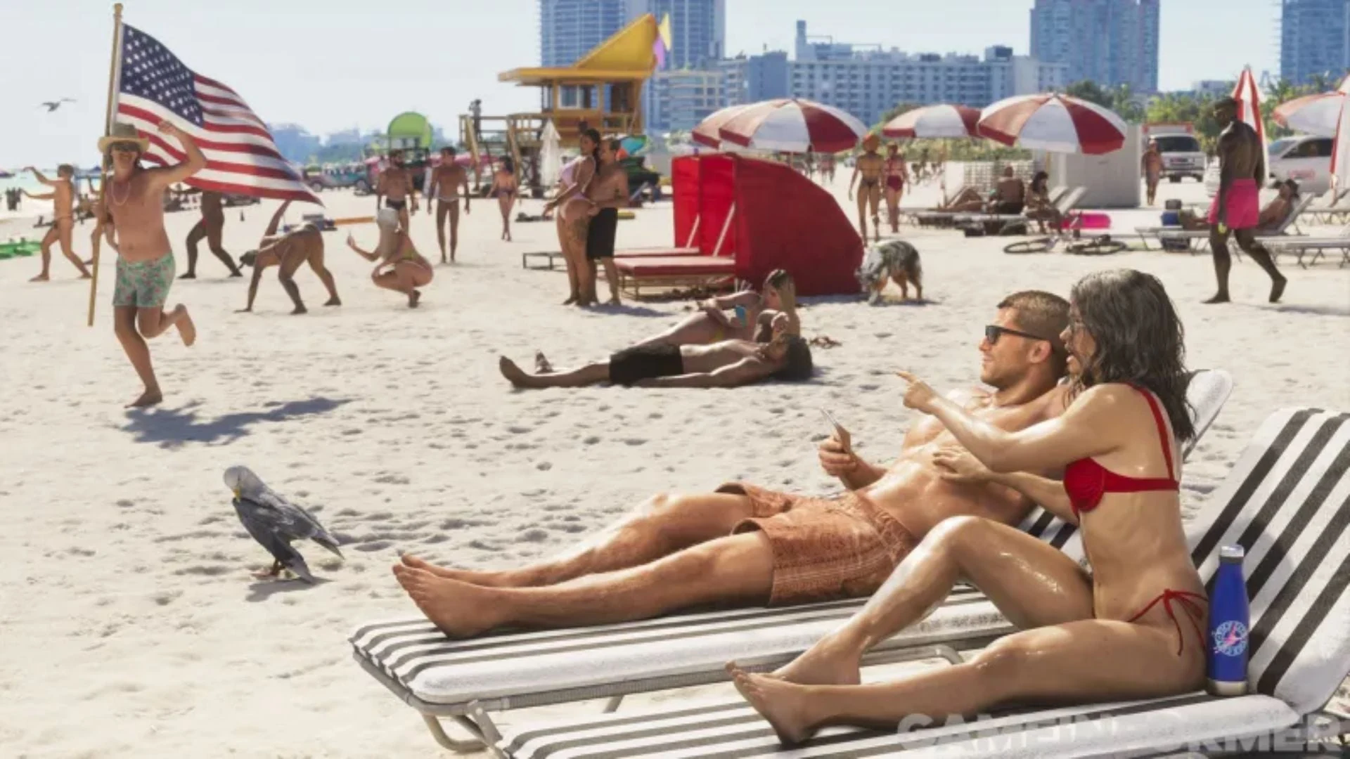 Jason and Lucia on sun loungers on a crowded Vice City beach while a man runs past with an American flag